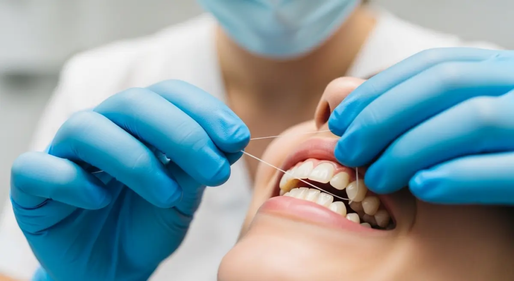 During your cleaning, a hygienist who knows how to keep gums healthy and strong will floss your teeth..
