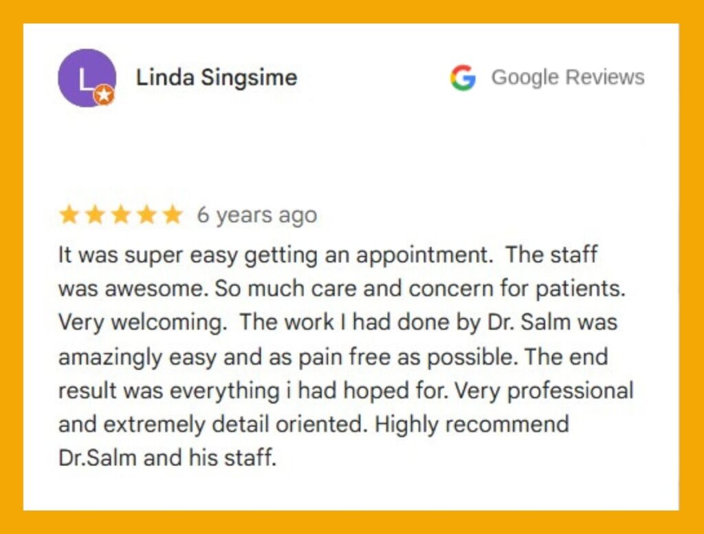 A happy dental patient leaves a stellar Google review about outstanding fillers for teeth.