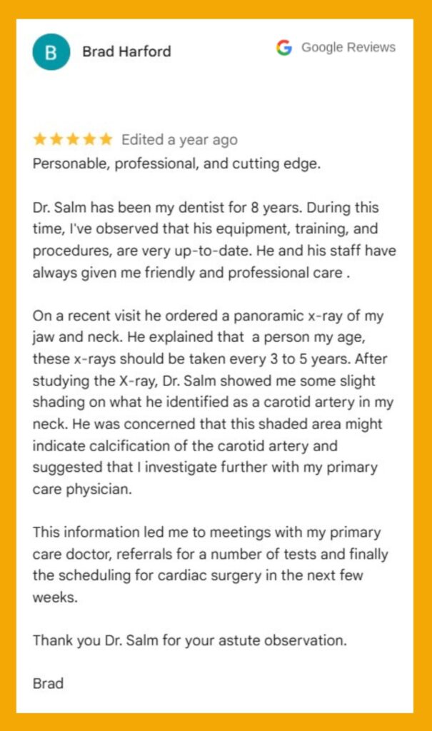 A happy patient leaves a glowing Google review after successful preventive dentistry.