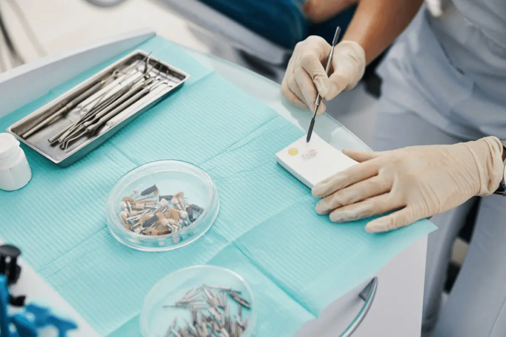 Dentist using a dental spatula to create a fillers for teeth.